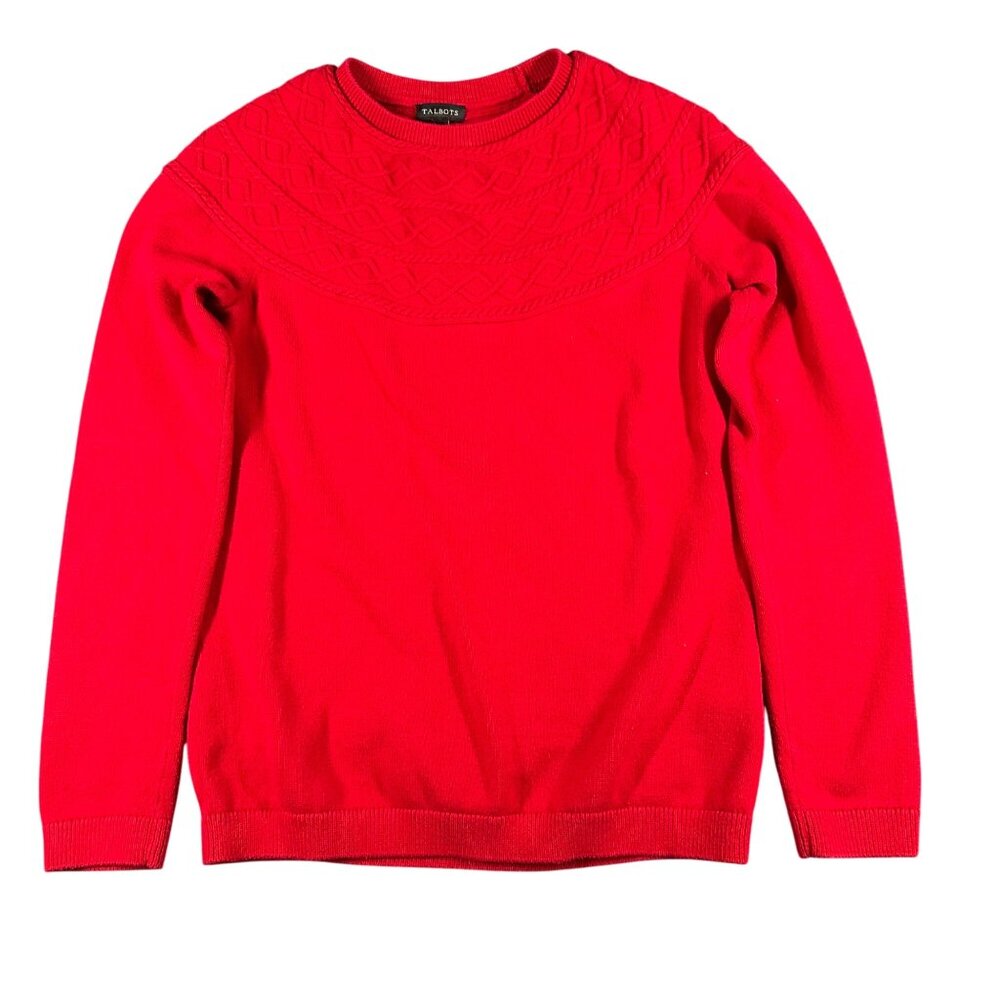 Talbots Sweater Womens Small Red Cashmere‎ Blend Textured Yoke Knit Crewneck
